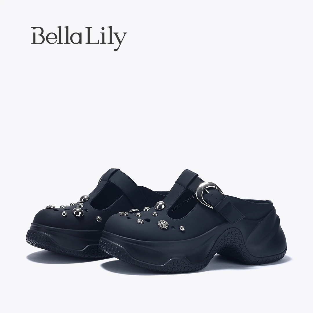 BellaLily2025春季新款慵懒时尚一脚蹬舒适包头拖厚底增高休闲鞋