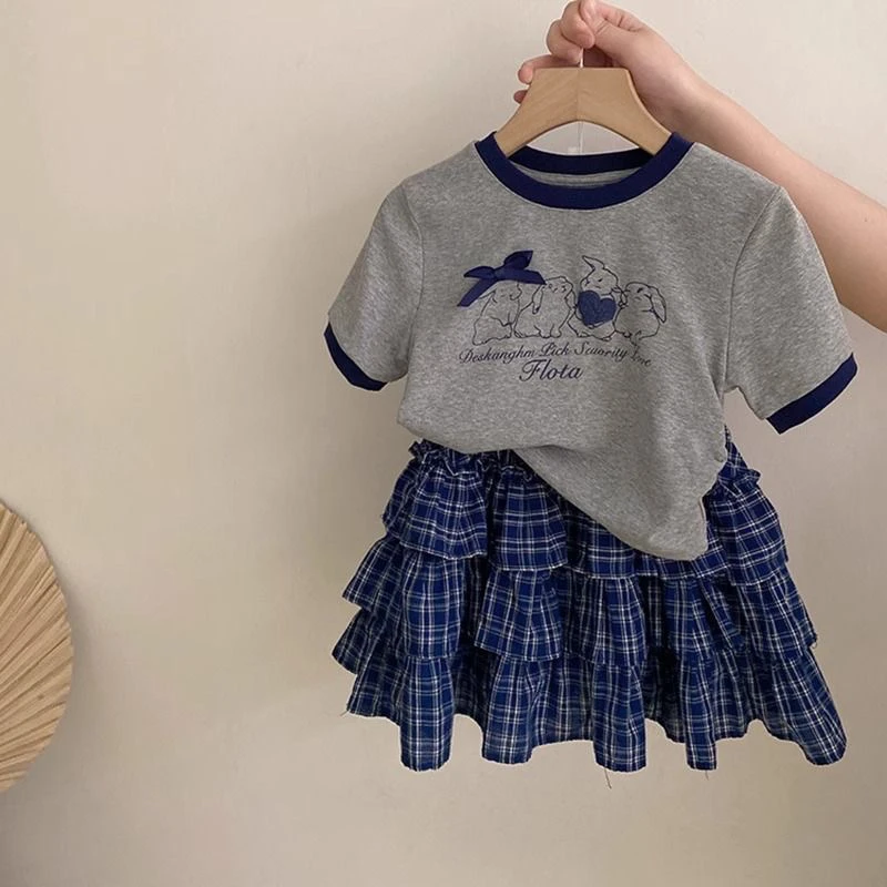 女童夏季新款套装2025中大童夏装蝴蝶结印花短袖格子蛋糕裙两件套