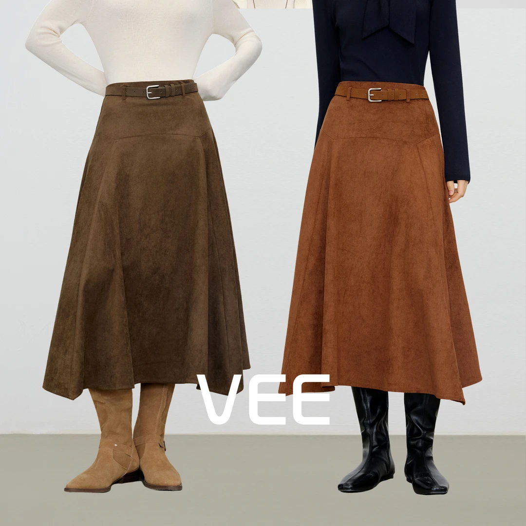 VEE【都市旅途】秋冬a字半身裙女2025新款时尚气质麂皮长款裙子