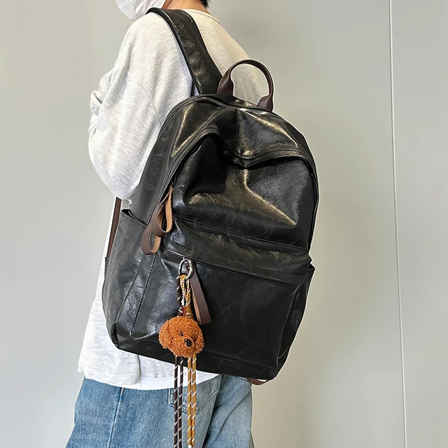 复古风书包男大学生质感pu皮上课学院风背包大容量电脑双肩包女潮