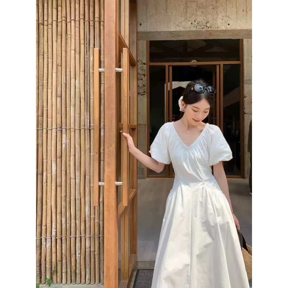 2025夏新款V领泡泡袖高腰显瘦法式连衣裙收腰口袋裙子HJ-2023