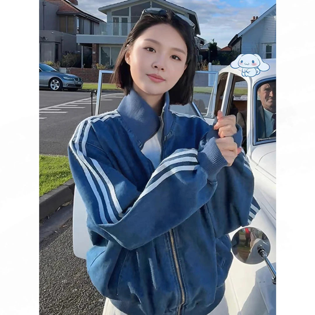 美式复古蓝色牛仔棒球外套女2025早秋新款拉链设计三条杠开衫上衣