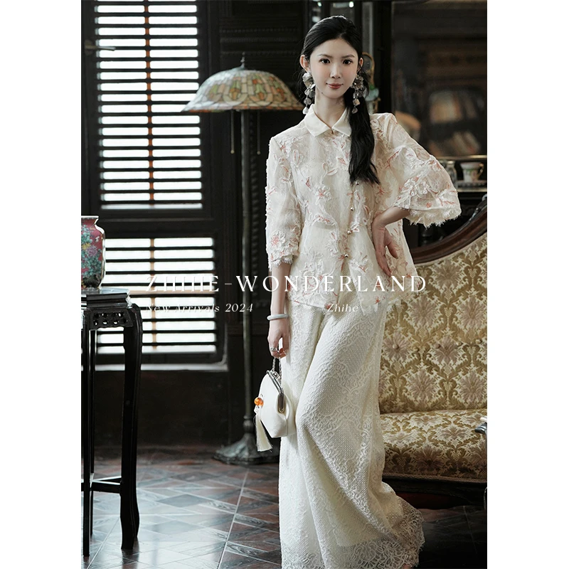 【梦芳华】原创雅韵国风刺绣蕾丝花边上衣+阔腿裤