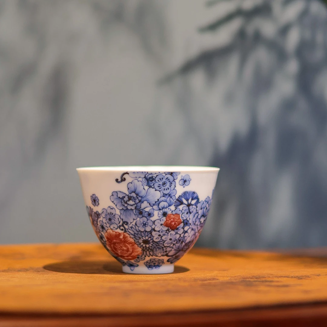 勤义堂·青花釉里红万花杯手工手绘