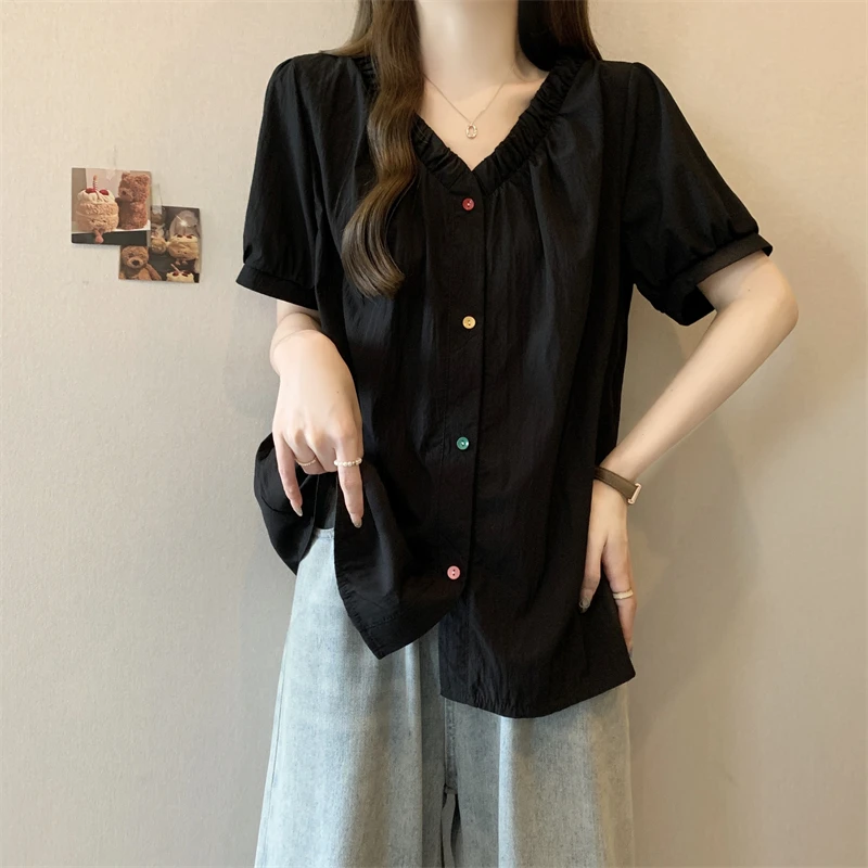 大码2025夏季胖mm宽松显瘦单排扣上衣女时尚休闲纽扣褶皱短袖衬衫