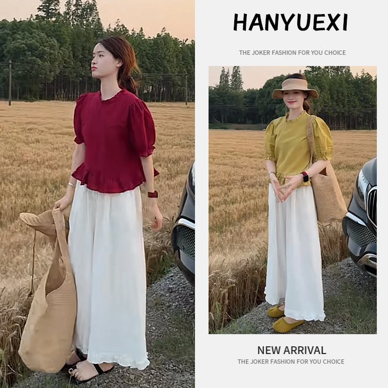 夏季时尚一整套女装2025新款韩系泡泡袖衬衫木耳边阔腿裤两件套潮