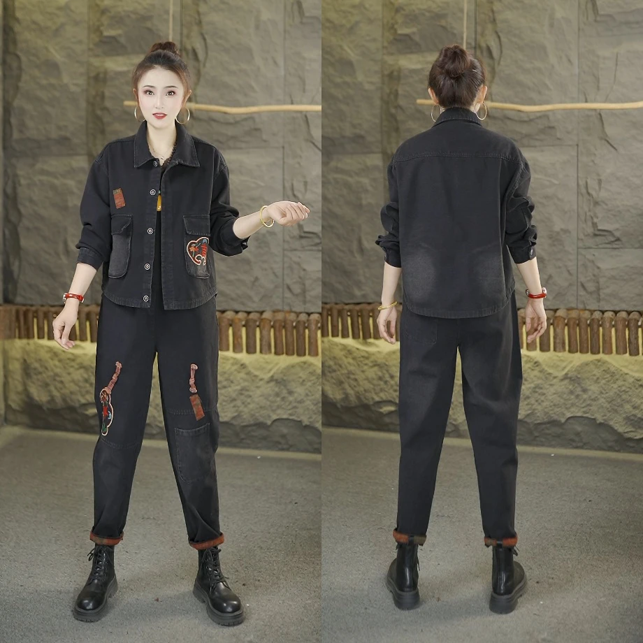 2025新款春季新款翻领复古盘扣大码休闲上衣裤子潮流套装2568