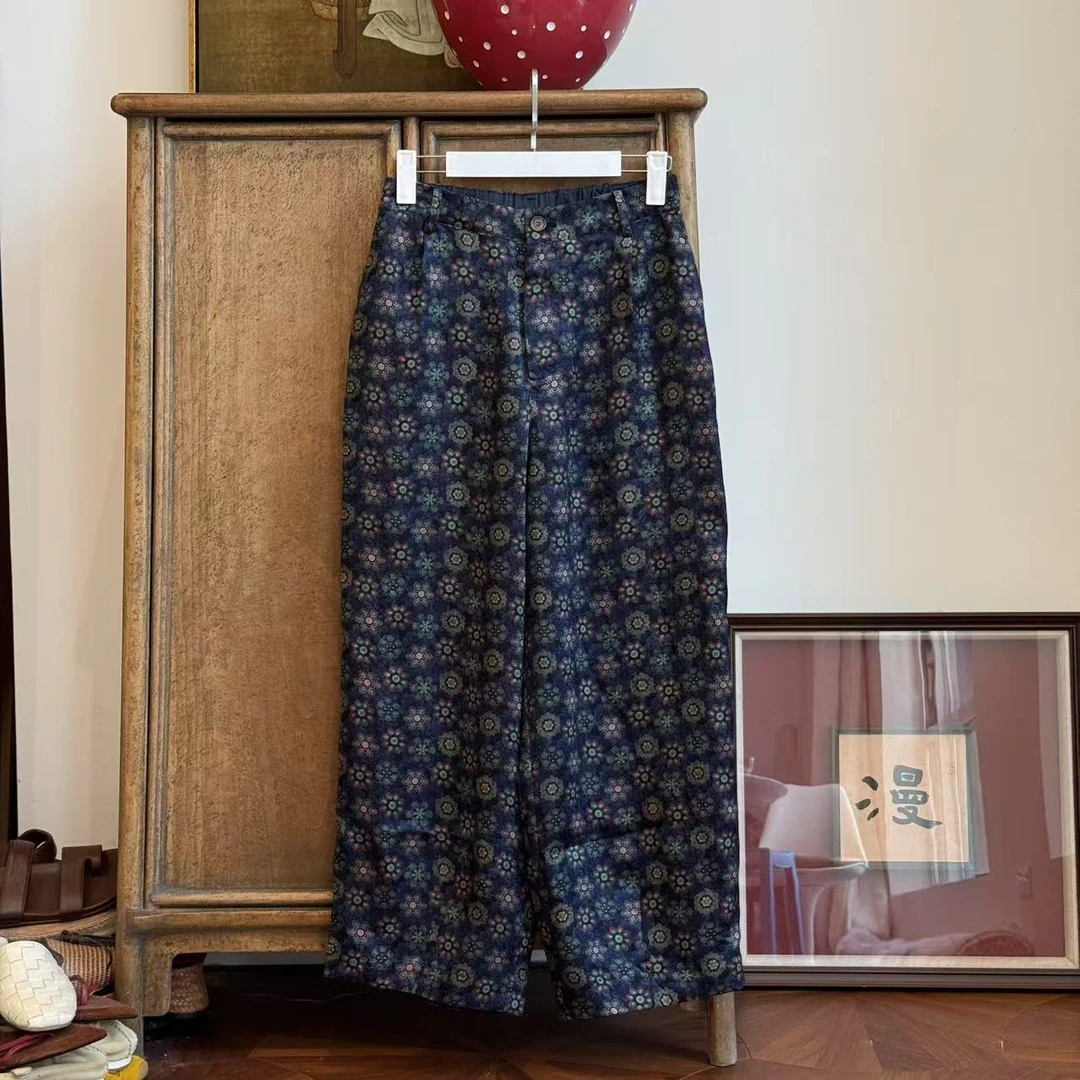 MYL 2025年夏季新款28姆米桑蚕丝直筒裤印花复古花朵宝相花休闲裤