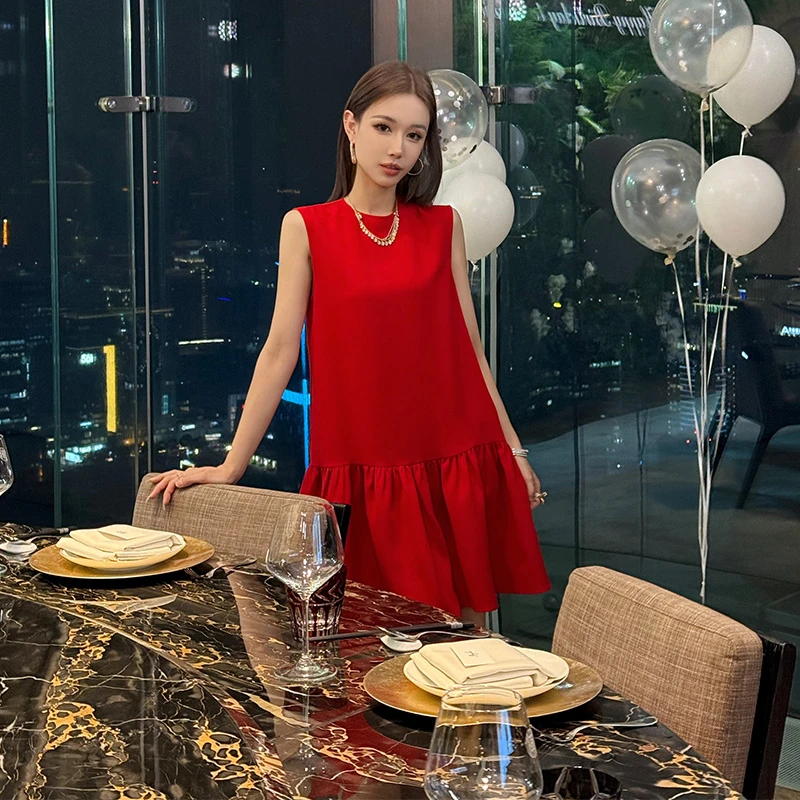 Janie Yee“生日裙” 醋酸直筒中长款通勤红色连衣裙小个子 24A2695
