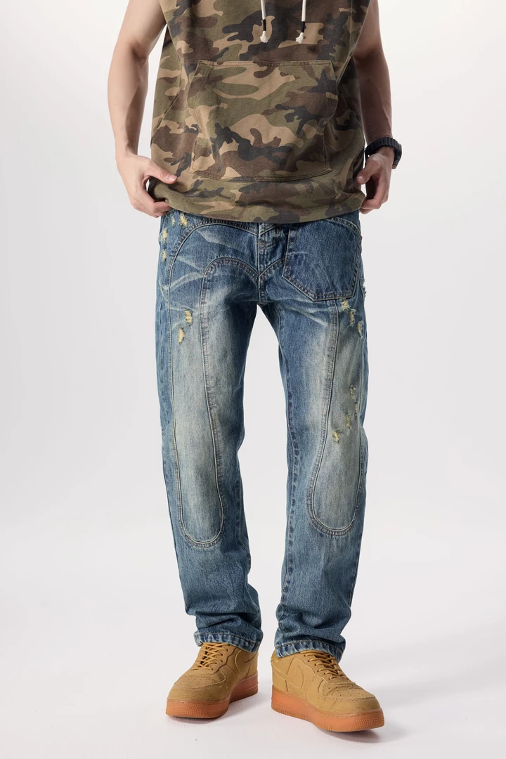 美式复古潮牌机车破洞牛仔裤男士拼接拉链高端时尚修身小脚长裤子