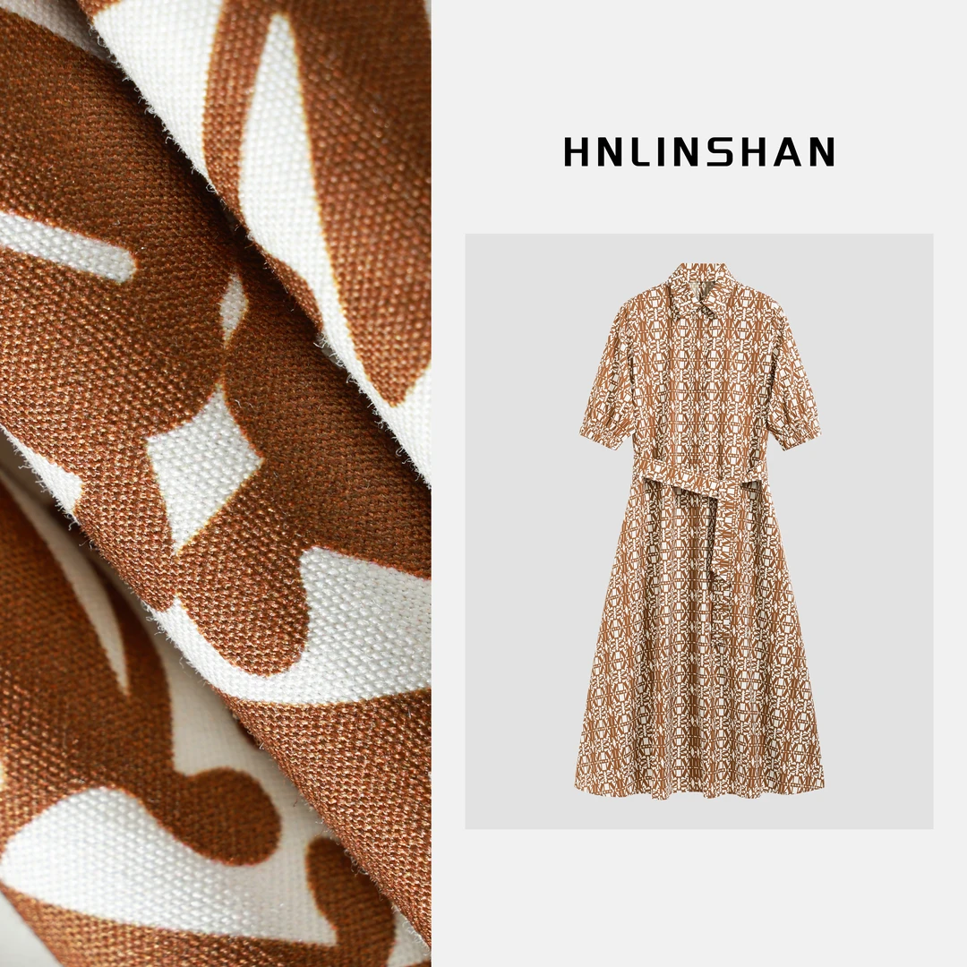 HNLINSHAN【浮花】MAX家100支双股棉府绸衬衫式收腰连衣裙BXQ2014