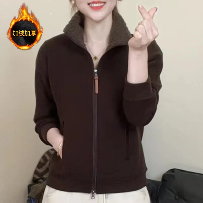 #5615立领绒衫长袖加绒加厚卫衣开衫冬季上下拉链女保暖#600克