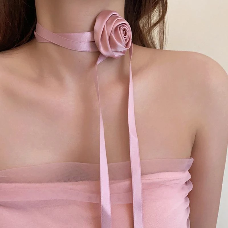 浪漫精致白玫瑰花朵绑带丝带发带颈带气质小众设计感高级项链女款