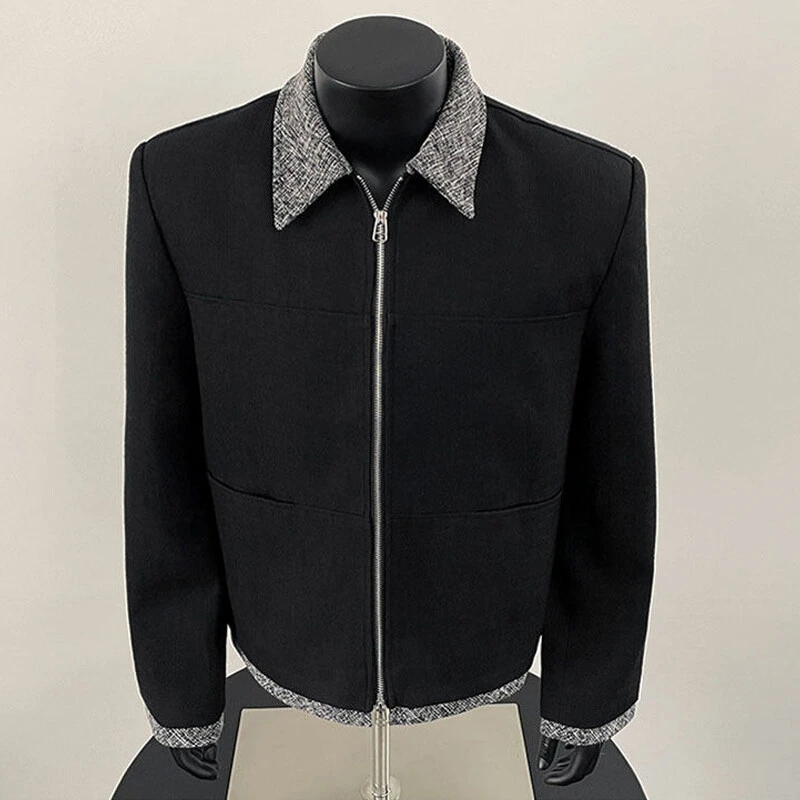 小香风假两件垫肩外套男模穿搭韩版高级感商务休闲夹克短款棒球服