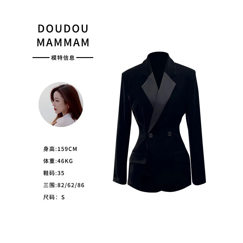 秋季显瘦设计师长袖女修身丝绒翻领西装外套