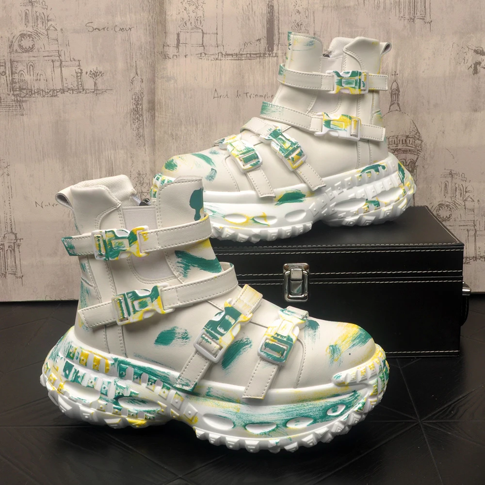 青春潮流男士系带圆头朋克风车缝线内增高马丁靴印花潮流高帮皮靴