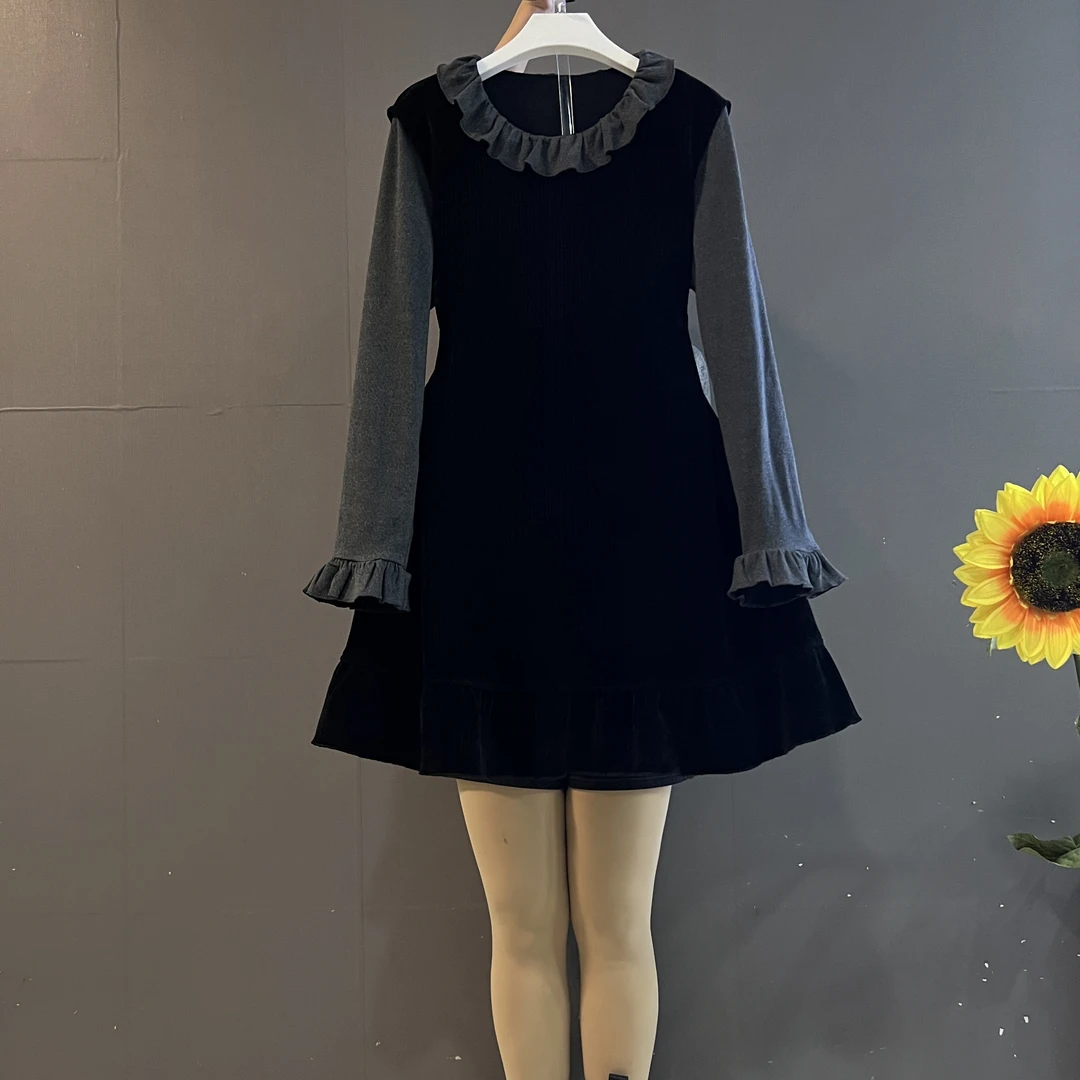 新款时尚法式娃娃领压褶打底衫➕纯色马甲裙气质显瘦两件套