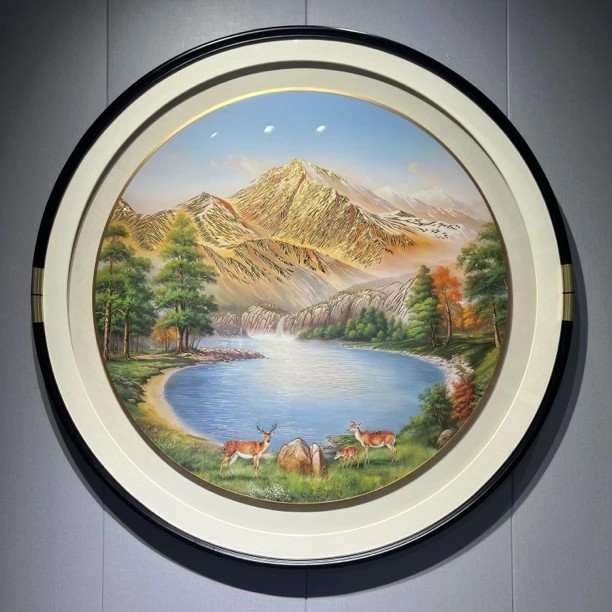 《金山聚宝盆》手工铜板雕刻圆形山水画玄关装饰画走廊餐厅挂画国风