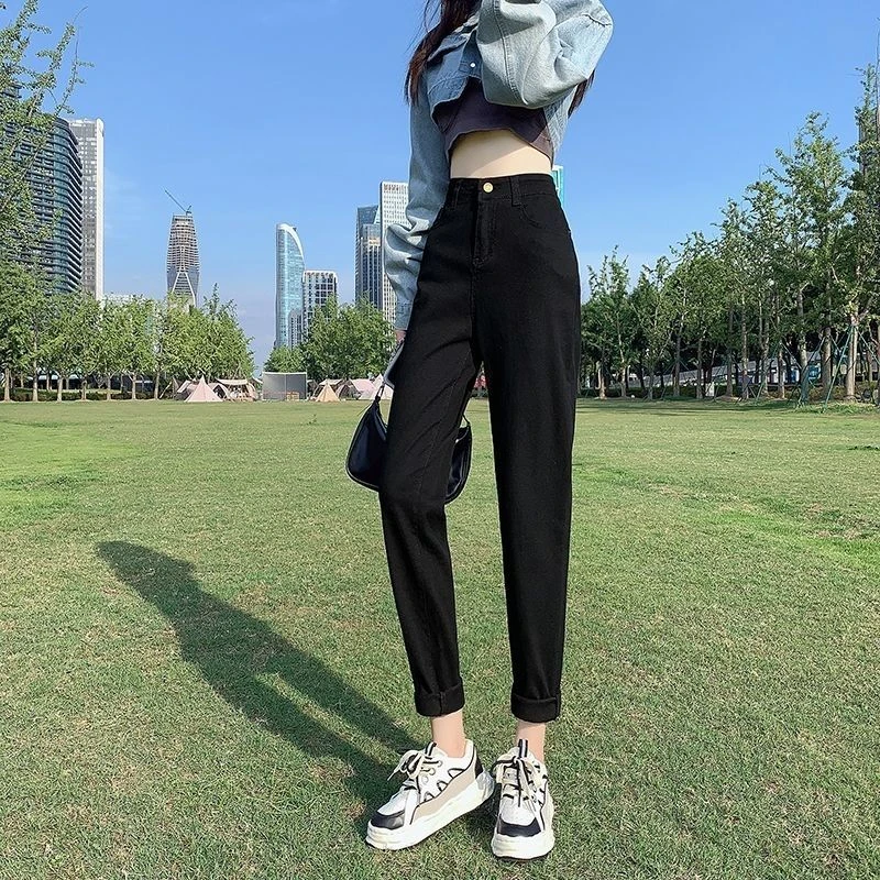 时尚哈伦牛仔裤女春秋季韩式新款直筒宽松高腰显瘦显高老爹萝卜裤