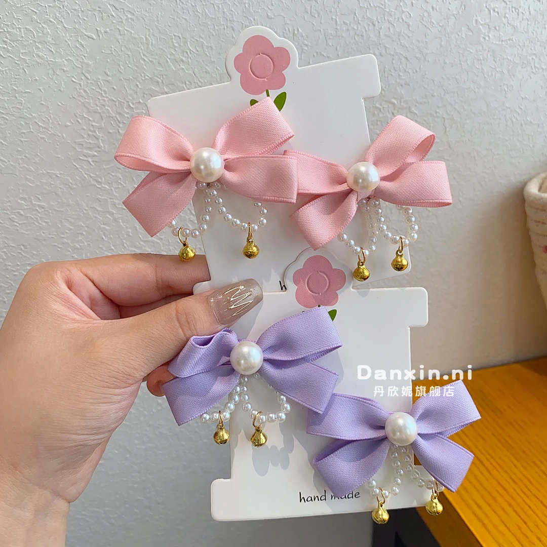 儿童蝴蝶结发夹女童铃铛珍珠对夹小女孩新款侧边夹新中式发卡头饰