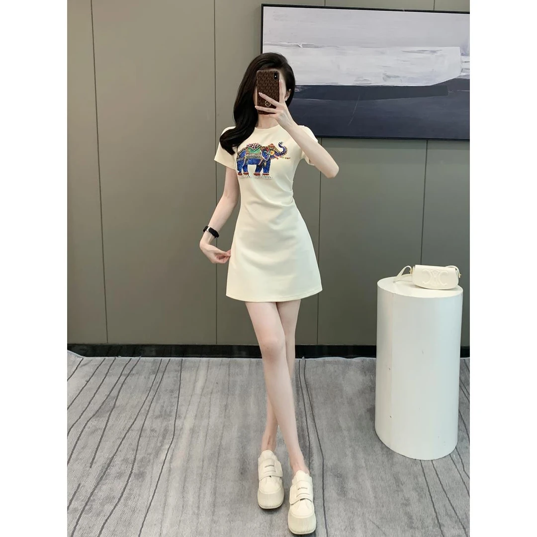 法式连衣裙女夏季2024新款印花休闲收腰显瘦a字短裙白色休闲T恤裙