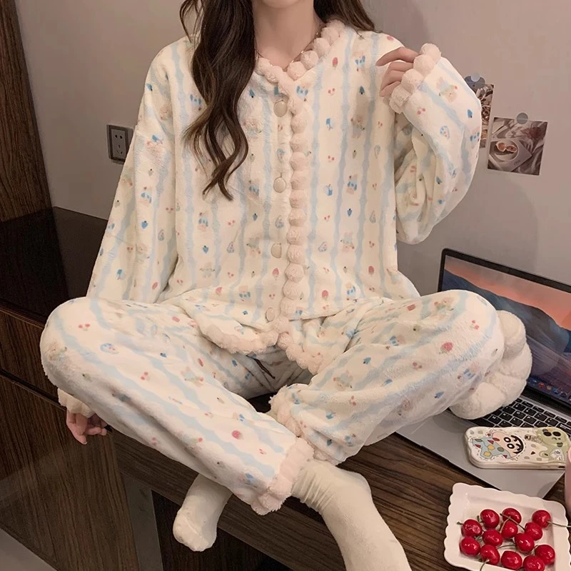 冬季睡衣女款法兰绒可爱小熊网红爆款加厚珊瑚绒秋冬天家居服套装