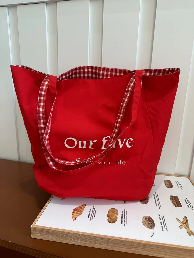 ❤nico韩版ins巨洋气字母大容量托特包双面格子帆布包