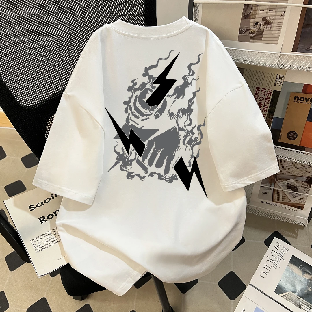 重磅纯棉小众印花圆领夏季新款短袖男T恤潮流上衣百搭宽松小众