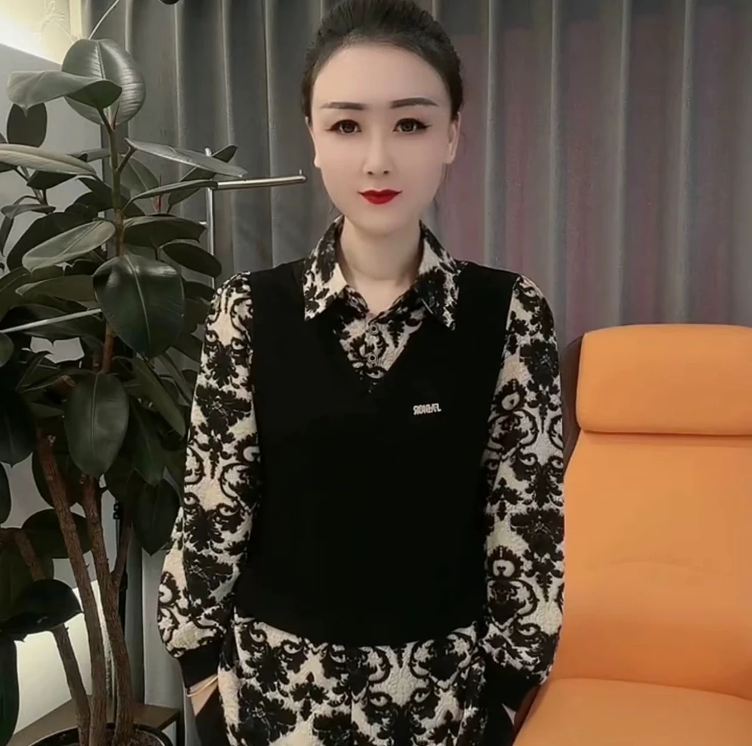 大码时尚百搭假两件长袖气质洋气拼接减龄宽松显瘦衬衫