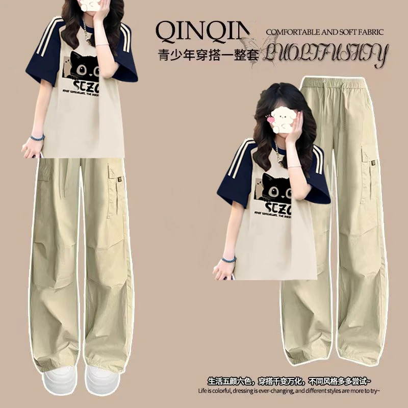 中大童夏装少女套装初中学生洋气短袖上衣高腰显瘦工装裤两件套潮