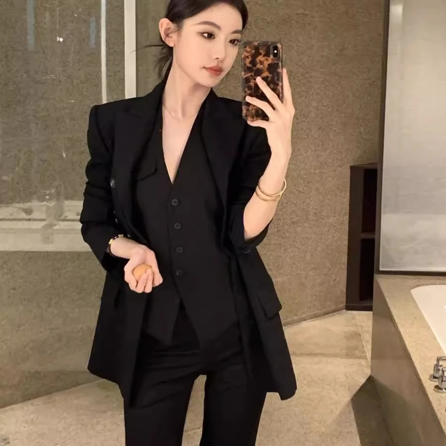 黑色马甲西装老钱风三件套装女2025春秋职业气质高级感御姐工作服