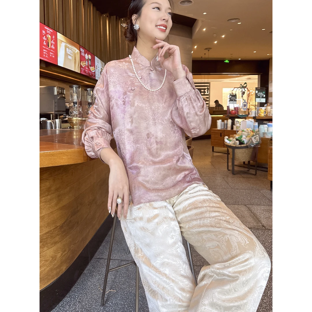 【深圳罗依】原创真丝衬衫女桑蚕丝织金提花新中式立领气质长袖衬衣