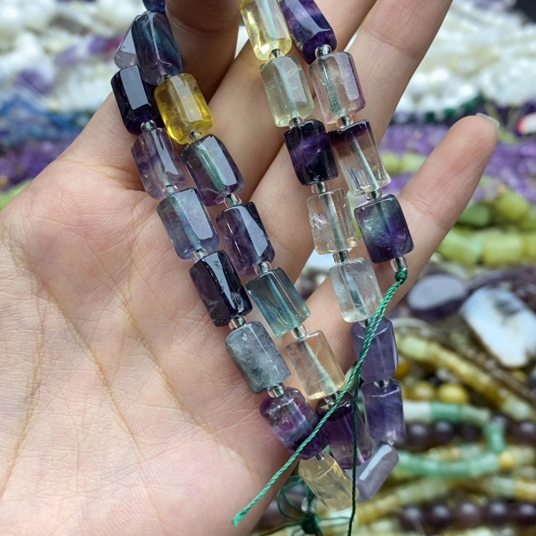未镶嵌玛瑙/玉髓珠宝半成品一条天然彩萤石透体桶珠