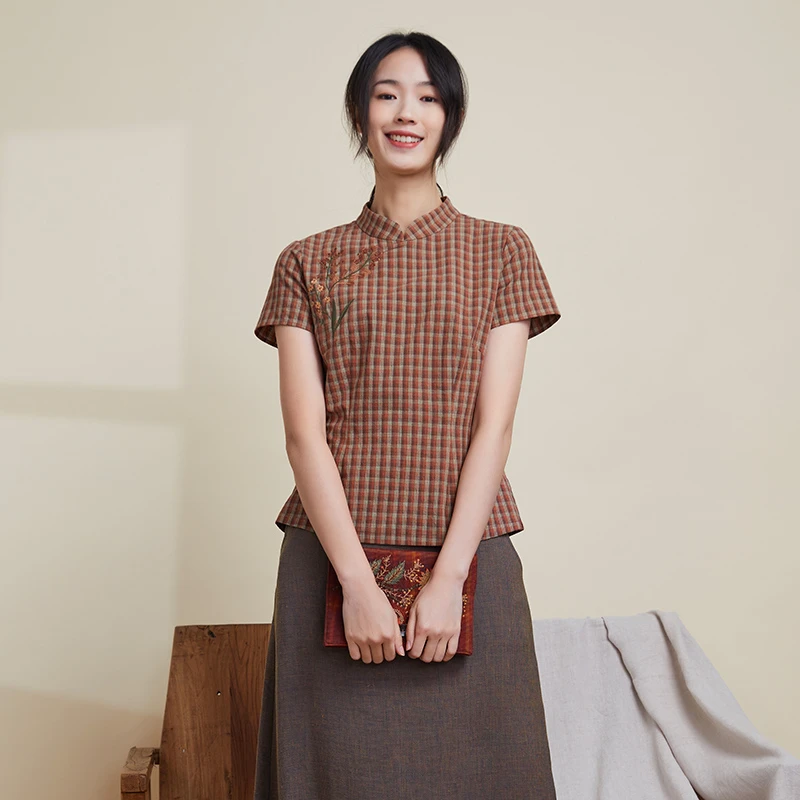 JCQPS11布符春款原创复古优雅钉珠刺绣格纹中式旗袍唐装上衣格子