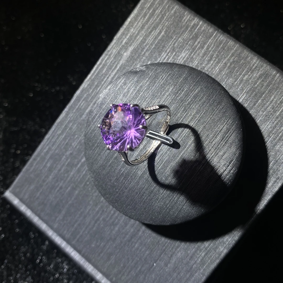 天然紫水晶烟花切戒指【925银活口戒托