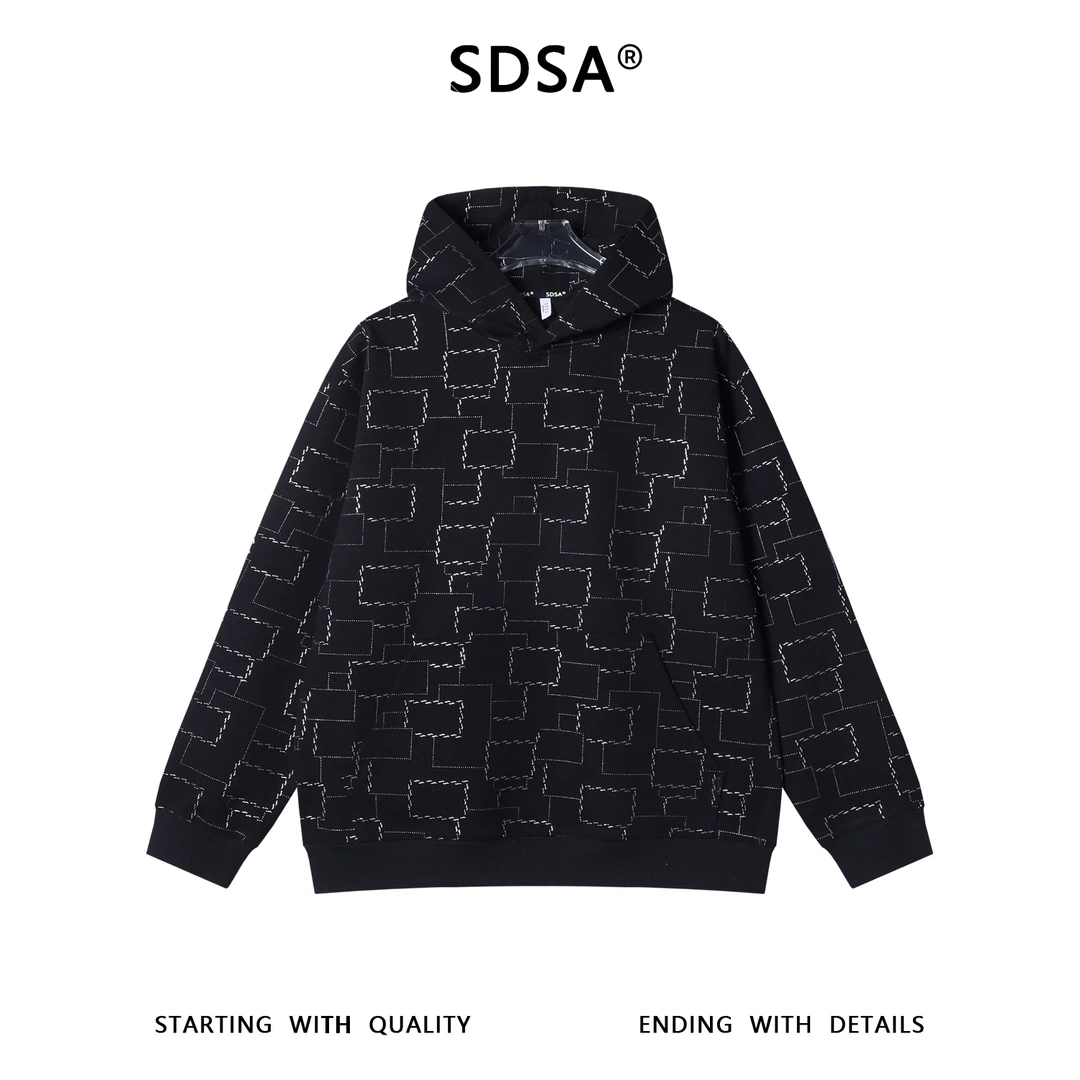 SDSA秋冬新款痞帅男装复古不规则图形滴胶连帽连帽卫衣百搭宽松