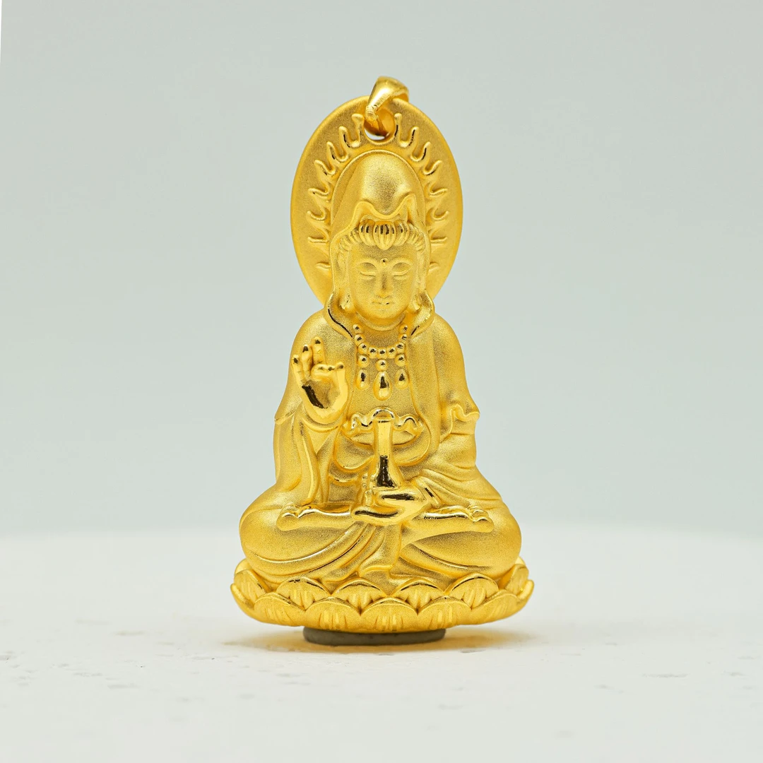 黄金观音吊坠足金999新款3D硬金观世音菩萨挂坠项链（赠绳）