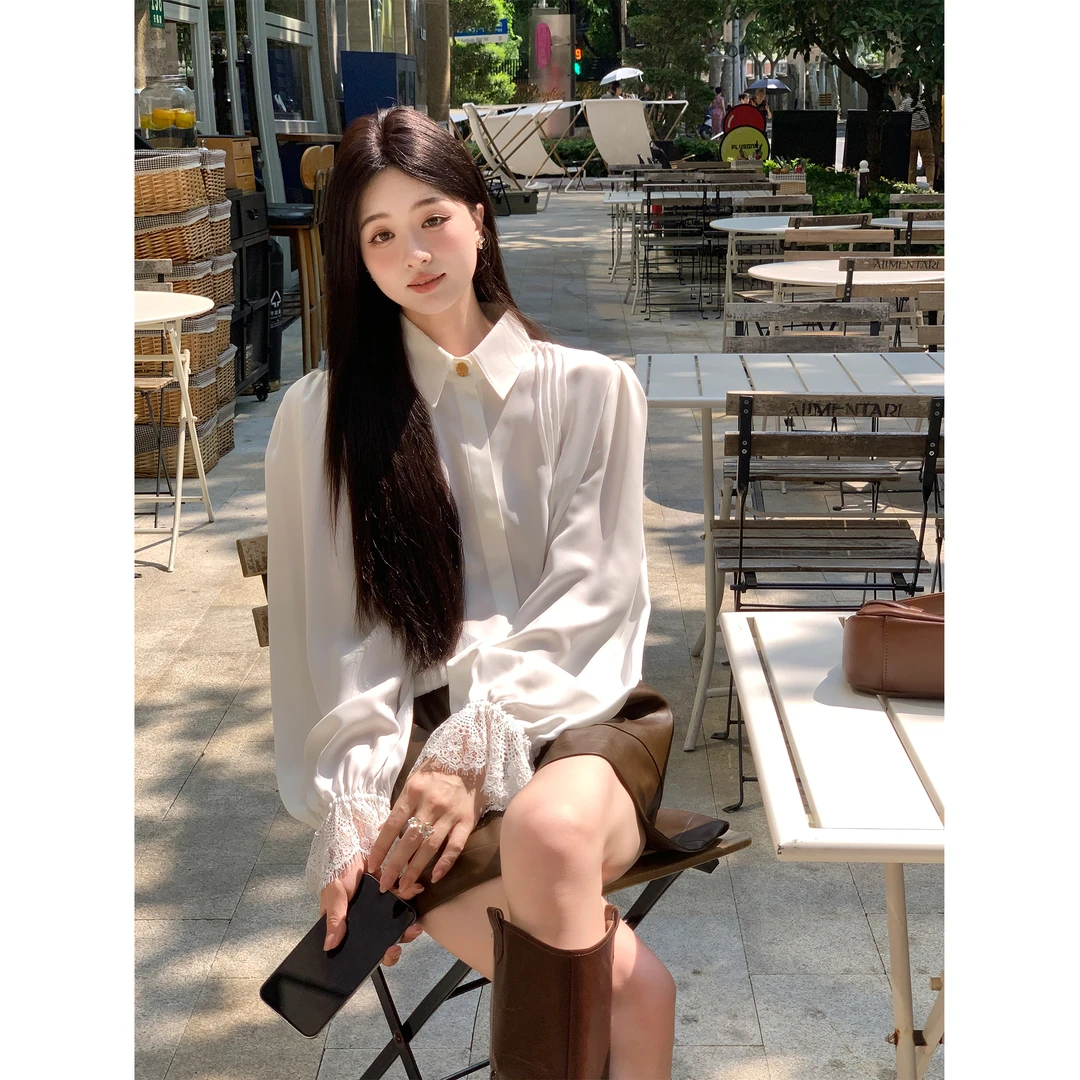 夏诗文 斜纹雪纺衬衫女法式塔克工艺拼接蕾丝袖衬衣汉服