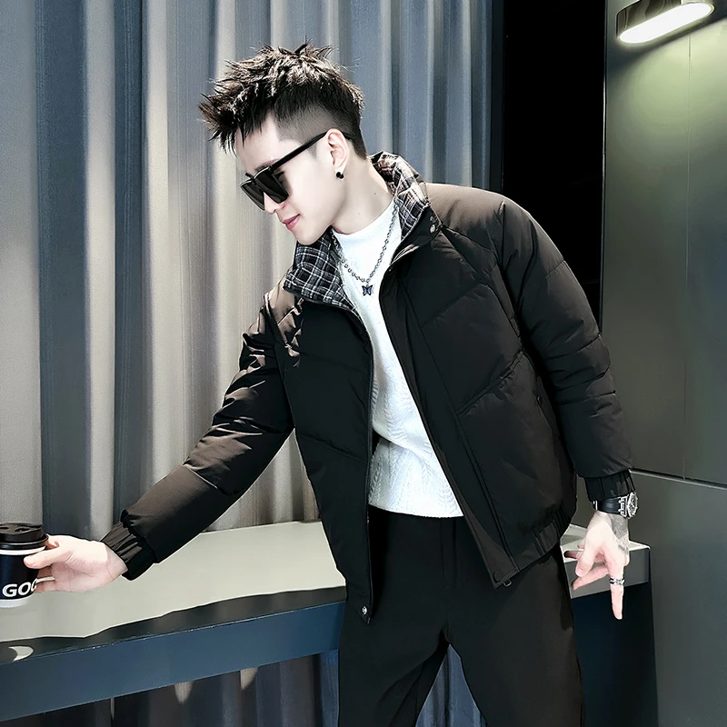 男士冬季立领痞帅棉衣格子撞色拼接百搭休闲保暖棉服外套男装上衣