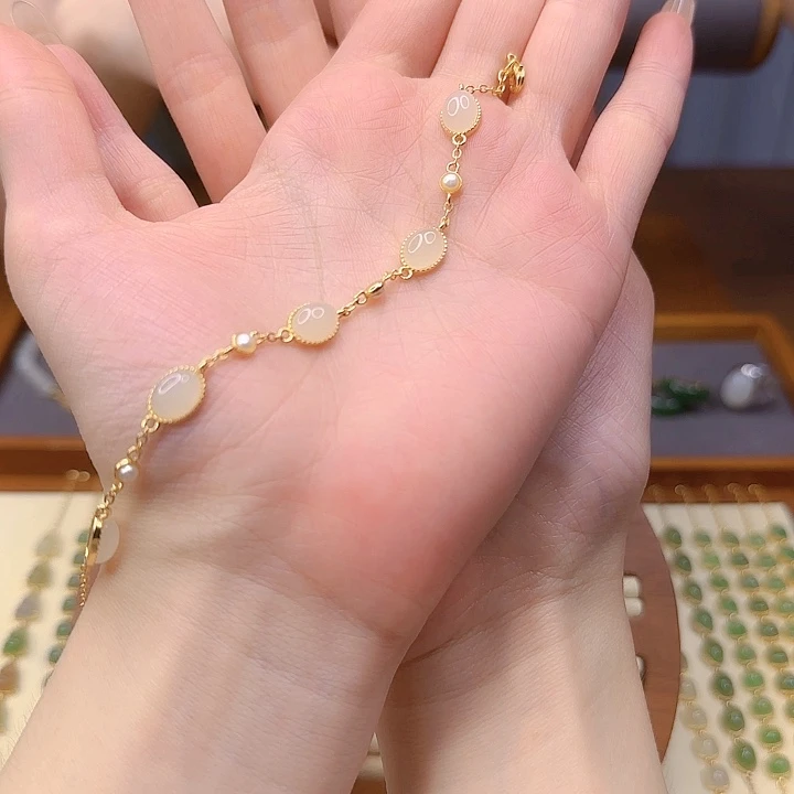 和田玉银S925镀金镶嵌手链