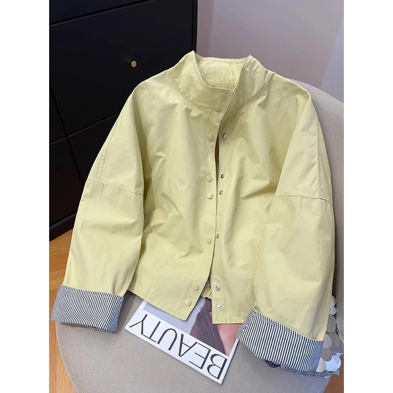 高级感立领条纹夹克外套女春秋装2025新款宽松休闲短款超火的上衣