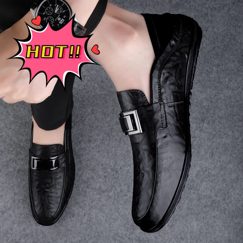 皮鞋男2025新款鞋子加绒保暖豆豆鞋男士一脚蹬黑色休闲鞋子男爆款