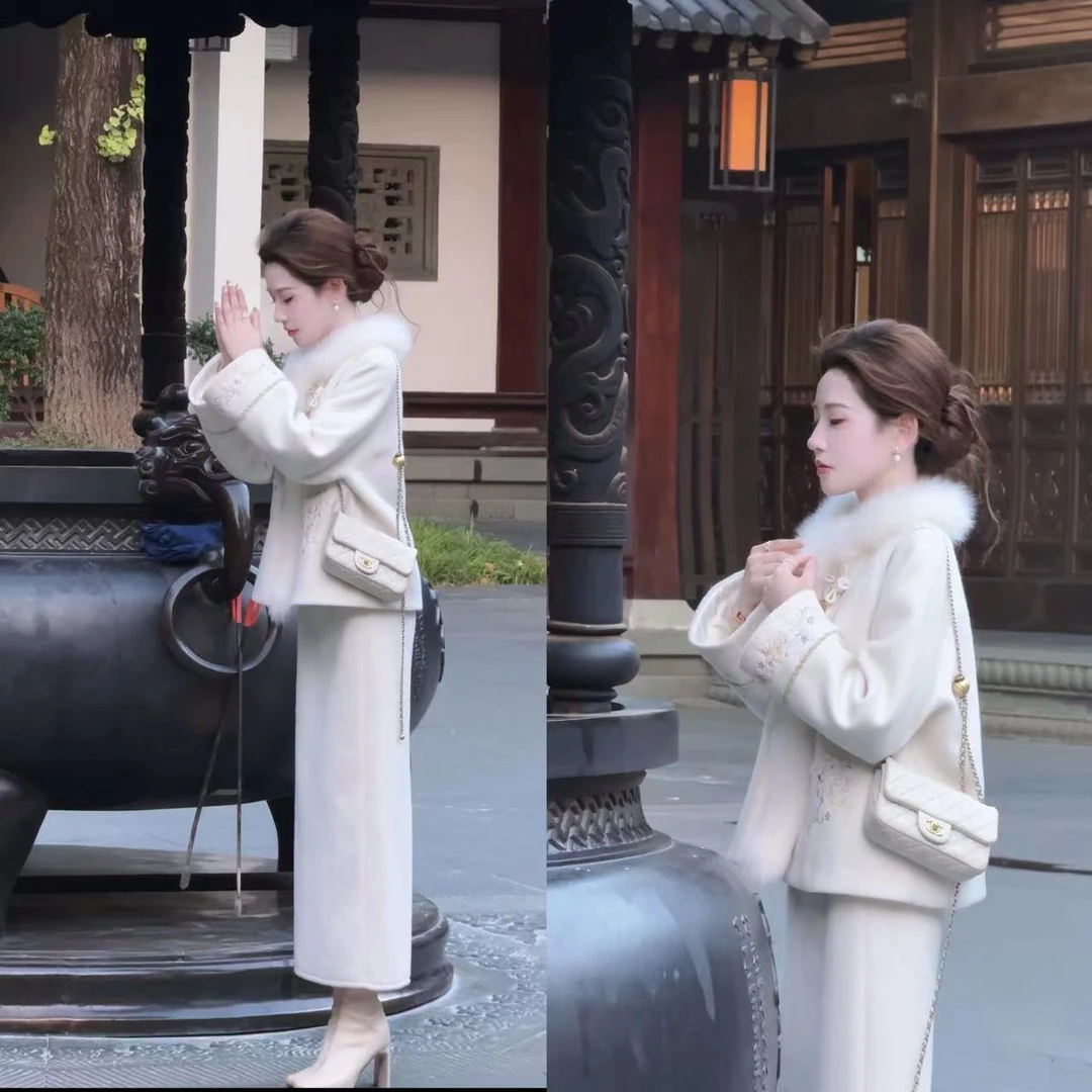 【婷婷】《凤求凰》 飞天羽扇典雅高贵羊毛狐狸毛国风套装TT2SQTY2373