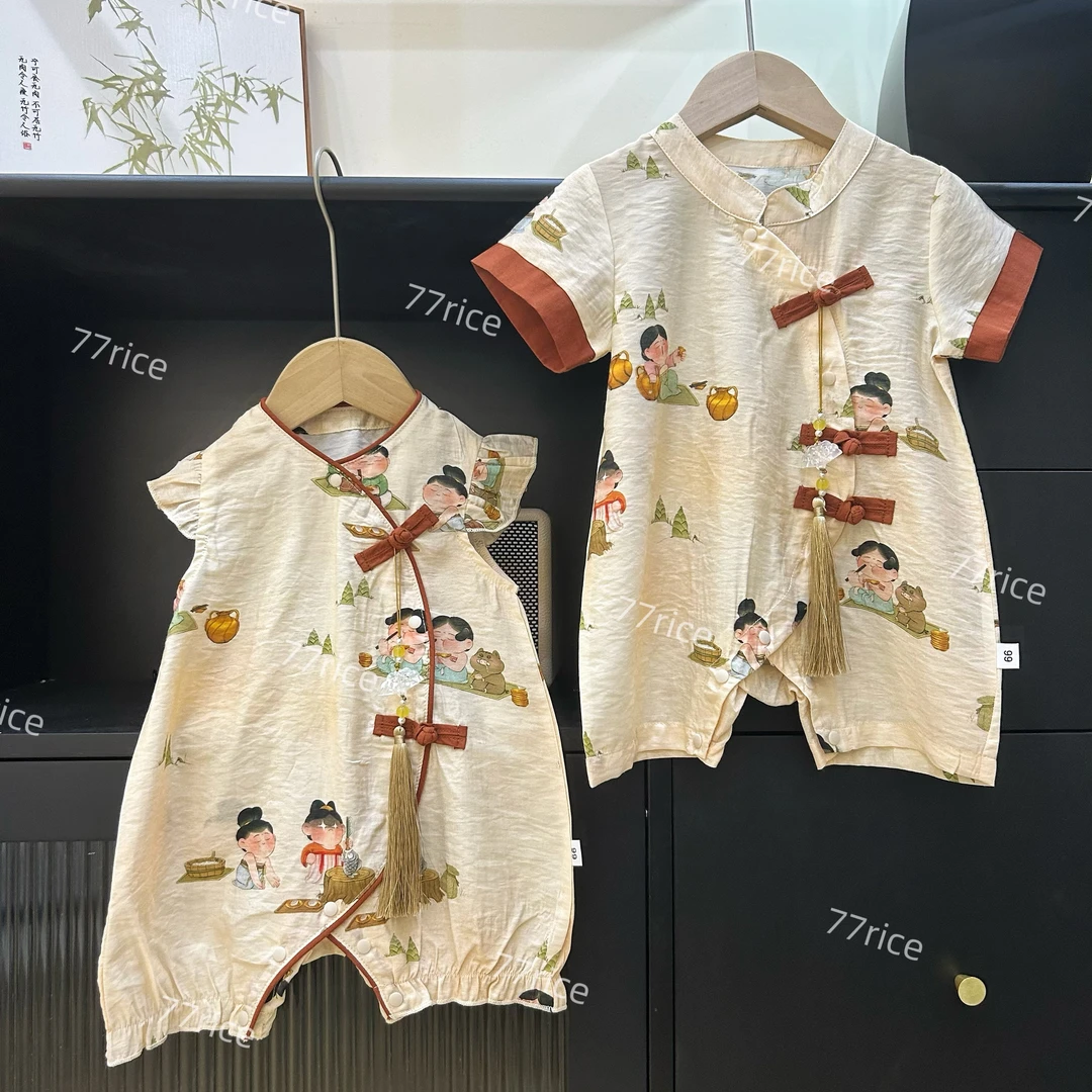 短袖哈衣夏天绣花国风周岁连体衣古风盘扣连体衣满月周岁夏天薄