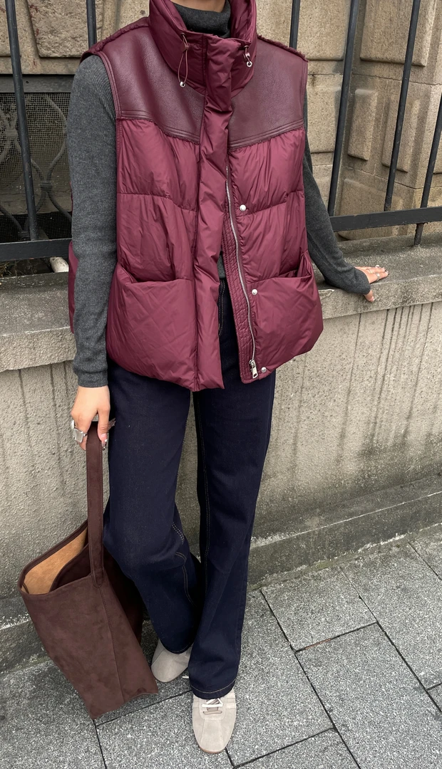 88807新款时尚宽松PU皮拼接立领下摆抽绳百搭90白鸭绒羽绒服马甲