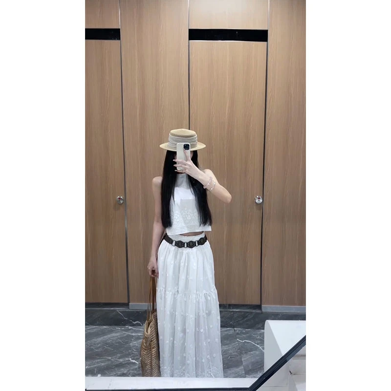 2025夏季新款纯欲辣妹度假风印花背心半身长裙法式甜酷白色两件套