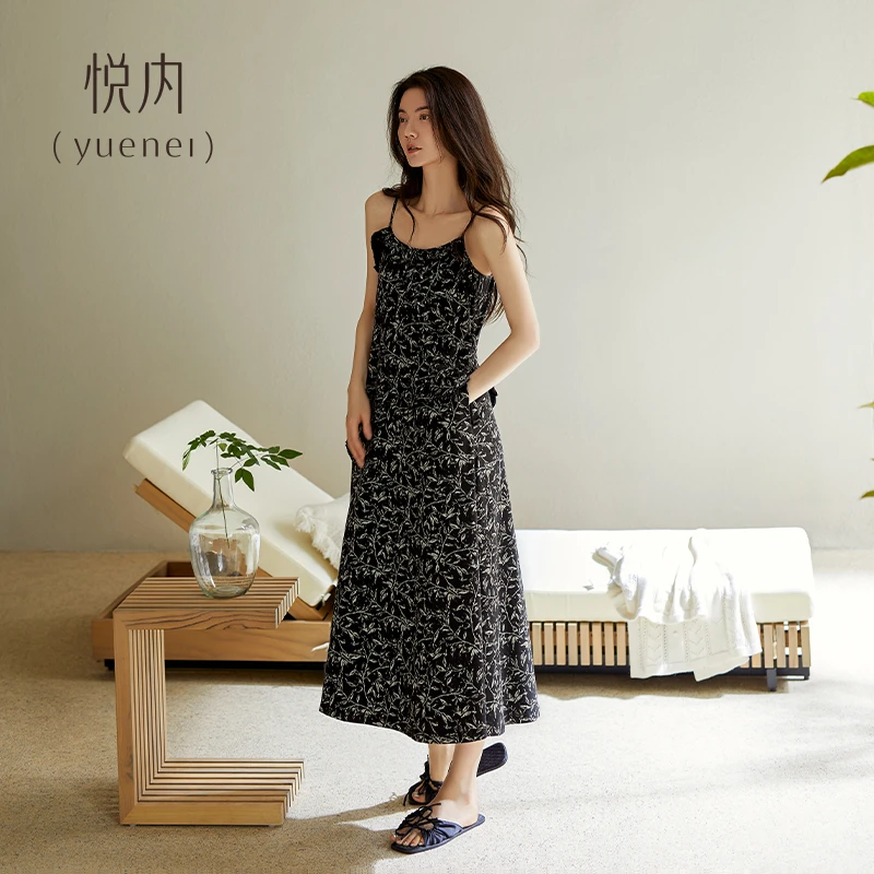 悦内【带胸垫】夏季纯棉吊带裙背心裙黑色碎花长裙高级感可外穿睡裙