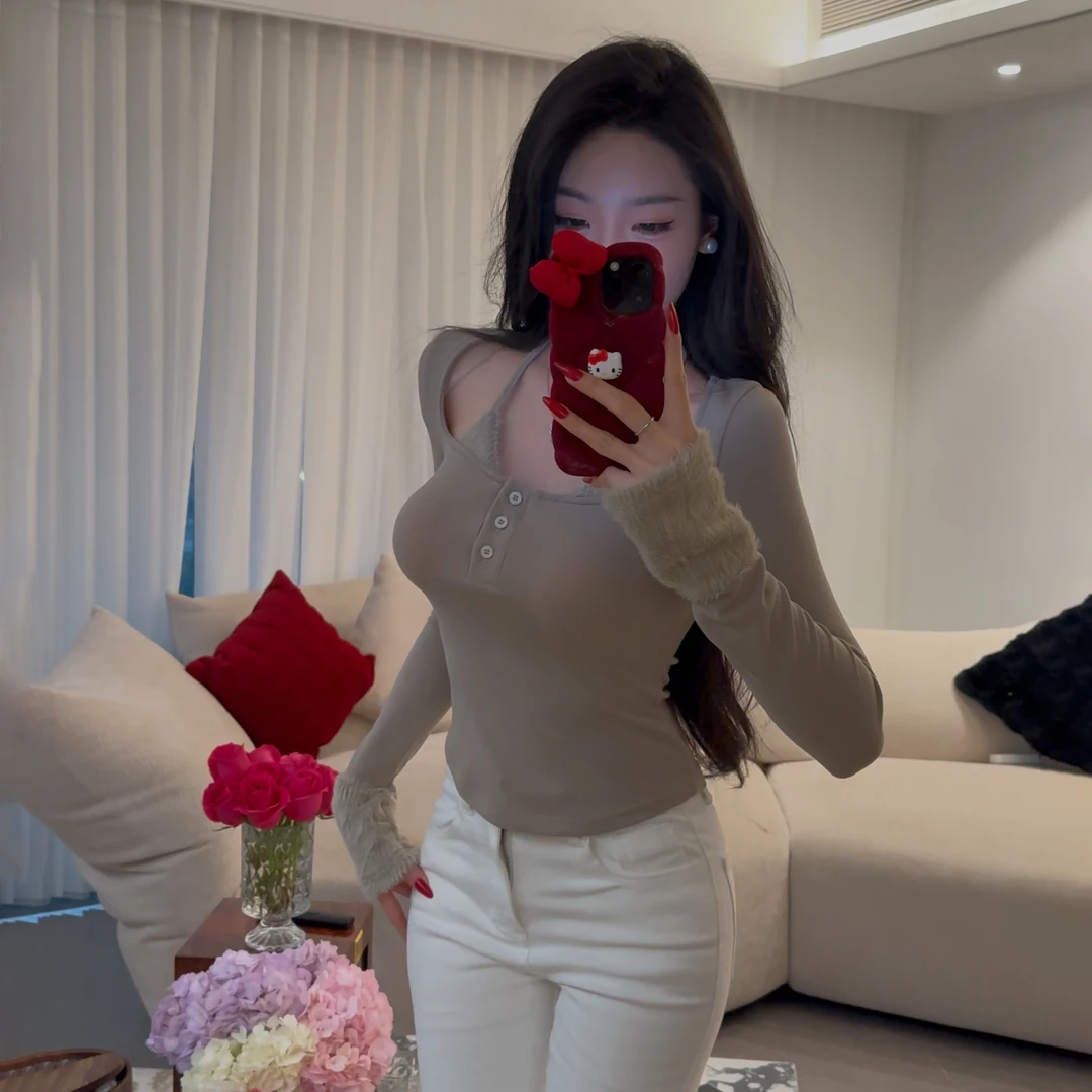 【雯雯推荐专属】显瘦长袖拼接百搭女装上衣长袖T恤气质ins设计感