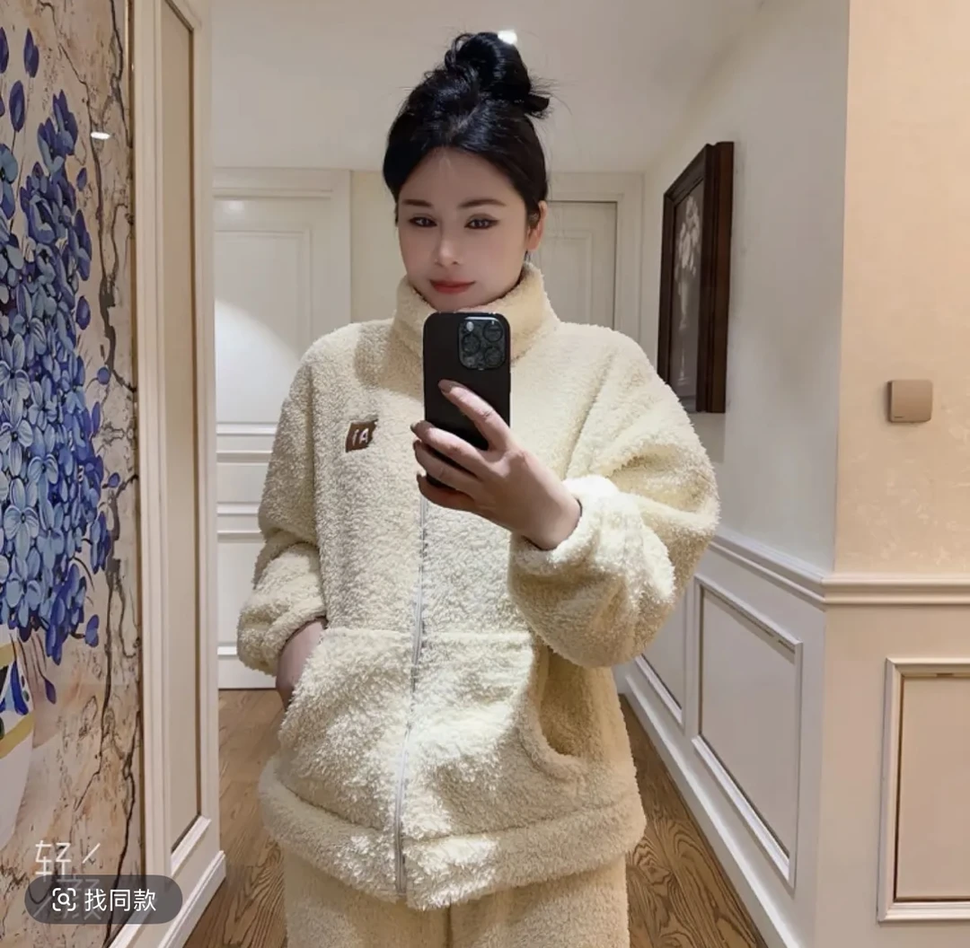 高领冬季长袖立领睡衣家居服套装加厚毛绒时尚女士时尚加绒加绒