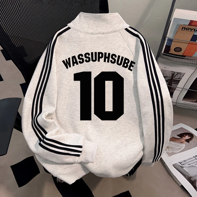 WASSUP HSUBE美式潮牌字母印花立领开衫外套卫衣男女重磅宽松上衣